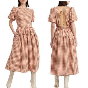 En Saison Juni round neck bubble dress XS gingham Rust Orange Cotton-Blend